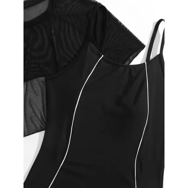 Floerns Girls Spaghetti Strap One Piece Swimsuit with Short Sleeve Mesh Cover UpBlack