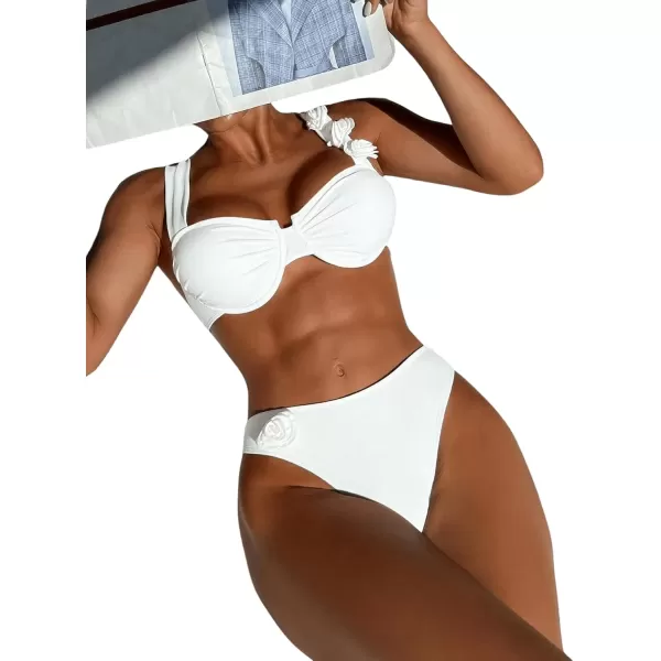 imageFloerns Womens Floral Appliques Ruched Push Up Bikini Tops Swimwear Bikini BraWhite