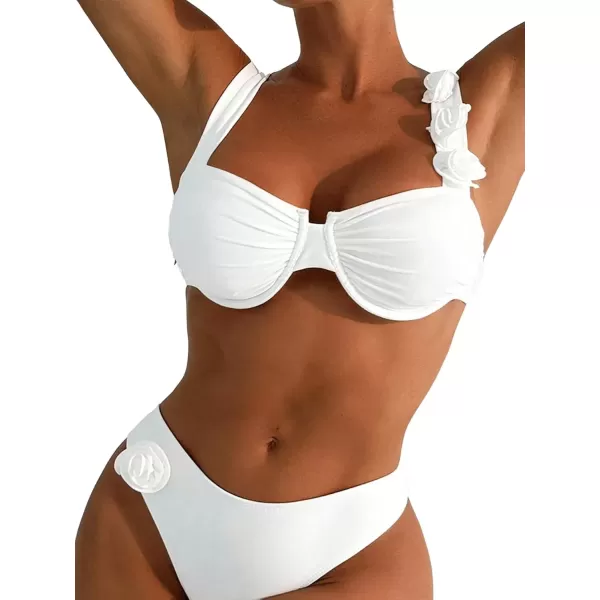 imageFloerns Womens Floral Appliques Ruched Push Up Bikini Tops Swimwear Bikini BraWhite