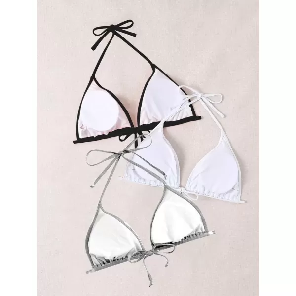 imageFloerns Womens Plus Size 3 Piece Halter Triangle Swimsuit Bikini Top SetBlack White Silver