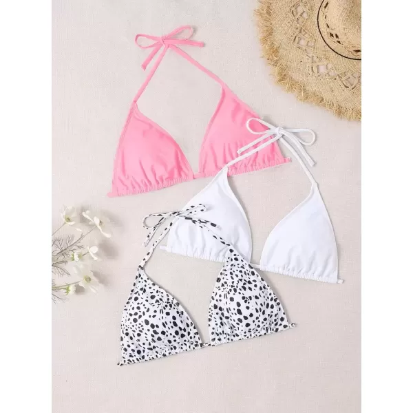 imageFloerns Womens Plus Size 3 Piece Halter Triangle Swimsuit Bikini Top SetPink Multi