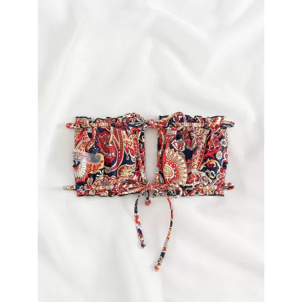 imageFloerns Womens Strapless Bandeau Ruched Bust Tie Back Tube Bikini Top Red Multi M
