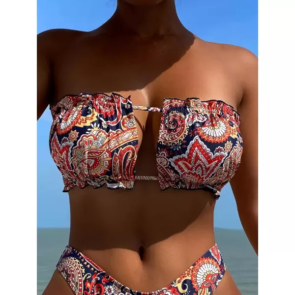 imageFloerns Womens Strapless Bandeau Ruched Bust Tie Back Tube Bikini Top Red Multi M