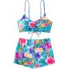 imageFloerns Womens Tie Dye Ruched Bikini Sets 2 Piece Bathing Suit High Waist Swimsuit with ShortsBlue Flower Multi