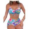imageFloerns Womens Tie Dye Ruched Bikini Sets 2 Piece Bathing Suit High Waist Swimsuit with ShortsBlue Flower Multi