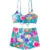 imageFloerns Womens Tie Dye Ruched Bikini Sets 2 Piece Bathing Suit High Waist Swimsuit with ShortsBlue Flower Multi