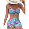 imageFloerns Womens Tie Dye Ruched Bikini Sets 2 Piece Bathing Suit High Waist Swimsuit with ShortsBlue Flower Multi