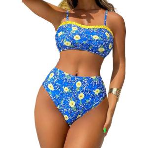 imageFloerns Womens Boho Two Piece High Waist Bathing Suit Bandeau SwimsuitBlue Yellow