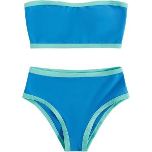 imageFloerns Womens Boho Two Piece High Waist Bathing Suit Bandeau SwimsuitBlue and Green
