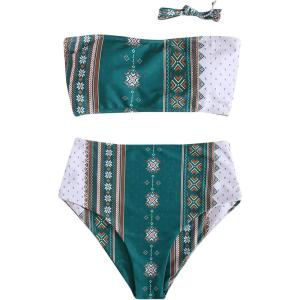 imageFloerns Womens Boho Two Piece High Waist Bathing Suit Bandeau SwimsuitDark Green Multi
