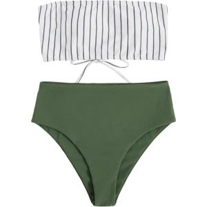imageFloerns Womens Boho Two Piece High Waist Bathing Suit Bandeau SwimsuitGreen Striped