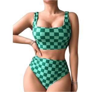 imageFloerns Womens Plaid Print Square Neck Tankini Sets Two Piece Bathing SuitGreen