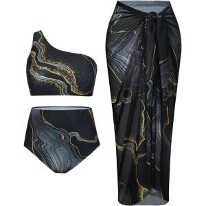 imageFloerns Womens Plus Size 3 Piece Bathing Suit One Shoulder Bikini Set with Cover UpBlack Marble
