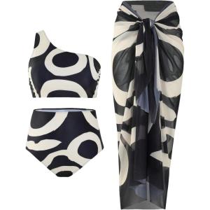 imageFloerns Womens Plus Size 3 Piece Bathing Suit One Shoulder Bikini Set with Cover UpBlack Multi