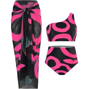 imageFloerns Womens Plus Size 3 Piece Bathing Suit One Shoulder Bikini Set with Cover UpPink