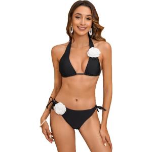 imageFloerns Womens Solid Halter Tie Side Bikini Set Two Piece Bathing SuitBlack Floral