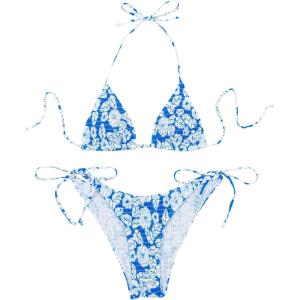 imageFloerns Womens Solid Halter Tie Side Bikini Set Two Piece Bathing SuitBlue and White Smock
