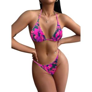 imageFloerns Womens Solid Halter Tie Side Bikini Set Two Piece Bathing SuitPink Floral