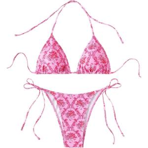 imageFloerns Womens Solid Halter Tie Side Bikini Set Two Piece Bathing SuitPink Flower