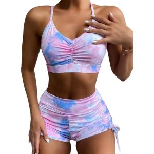 imageFloerns Womens Tie Dye Ruched Bikini Sets 2 Piece Bathing Suit High Waist Swimsuit with ShortsA Purple