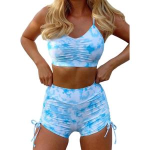 imageFloerns Womens Tie Dye Ruched Bikini Sets 2 Piece Bathing Suit High Waist Swimsuit with ShortsBaby Blue