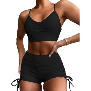 imageFloerns Womens Tie Dye Ruched Bikini Sets 2 Piece Bathing Suit High Waist Swimsuit with ShortsBlack