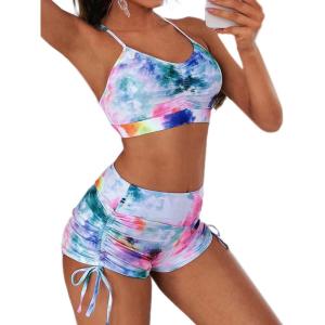 imageFloerns Womens Tie Dye Ruched Bikini Sets 2 Piece Bathing Suit High Waist Swimsuit with ShortsGreen Blue Multi