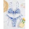 imageFloerns Womens 2 Piece Boho Floral Print Frilled Knot Front Bra and Tie Side Thongs Bikini SetBlue and White