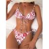 imageFloerns Womens 2 Piece Boho Floral Print Frilled Knot Front Bra and Tie Side Thongs Bikini SetRed and White