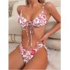 imageFloerns Womens 2 Piece Boho Floral Print Frilled Knot Front Bra and Tie Side Thongs Bikini SetRed and White