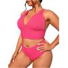 imageFloerns Womens Plus Size 2 Piece Swimwear Criss Cross Rib Knit Bikini SwimsuitHot Pink