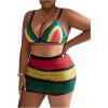 imageFloerns Womens Plus Size 3 Piece Striped Print Bikini Sets with Cover Up SkirtRed Yellow Green