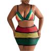 imageFloerns Womens Plus Size 3 Piece Striped Print Bikini Sets with Cover Up SkirtRed Yellow Green