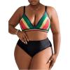 imageFloerns Womens Plus Size 3 Piece Striped Print Bikini Sets with Cover Up SkirtRed Yellow Green