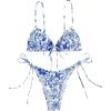 imageFloerns Womens 2 Piece Boho Floral Print Frilled Knot Front Bra and Tie Side Thongs Bikini SetBlue and White