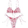 imageFloerns Womens 2 Piece Boho Floral Print Frilled Knot Front Bra and Tie Side Thongs Bikini SetRed and White