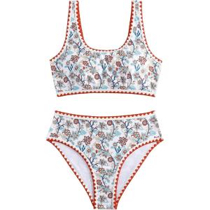 imageFloerns Womens 2 Piece Bathing Suit Floral Print Contrast Trim Tankini SwimsuitRed
