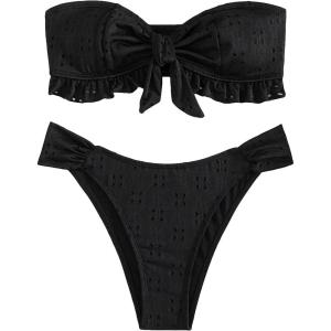 imageFloerns Womens 2 Piece Bathing Suit Ruffle Hem Bandeau Tie Front Bikini SetBlack