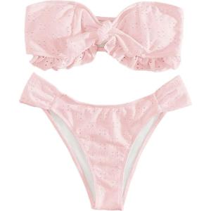 imageFloerns Womens 2 Piece Bathing Suit Ruffle Hem Bandeau Tie Front Bikini SetLight Pink
