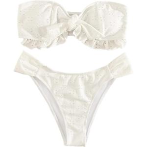 imageFloerns Womens 2 Piece Bathing Suit Ruffle Hem Bandeau Tie Front Bikini SetWhite