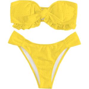 imageFloerns Womens 2 Piece Bathing Suit Ruffle Hem Bandeau Tie Front Bikini SetYellow