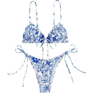imageFloerns Womens 2 Piece Boho Floral Print Frilled Knot Front Bra and Tie Side Thongs Bikini SetBlue and White