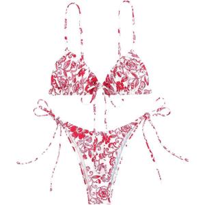 imageFloerns Womens 2 Piece Boho Floral Print Frilled Knot Front Bra and Tie Side Thongs Bikini SetRed and White