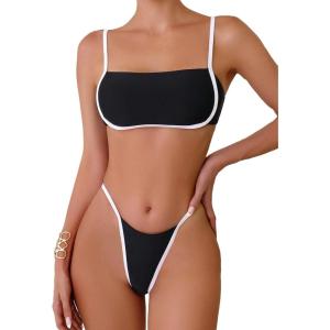 imageFloerns Womens 2 Piece Color Block Tie Back Cami Bra and High Cut Bottoms Bikini SetBlack and White