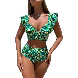 imageFloerns Womens 2 Piece Floral Print High Cut Ruffle Trim Bikini SwimsuitGreen