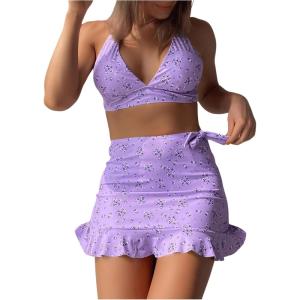 imageFloerns Womens 3 Piece Bathing Suit High Cut Bikini Sets Swimsuit with Cover Up SkirtA Purple