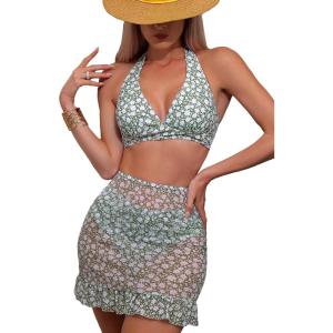 imageFloerns Womens 3 Piece Bathing Suit High Cut Bikini Sets Swimsuit with Cover Up SkirtGreen Ditsy Floral