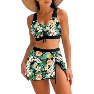 imageFloerns Womens 3 Piece Bathing Suit High Cut Bikini Sets Swimsuit with Cover Up SkirtGreen Tropical