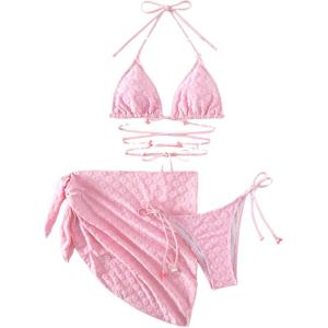 imageFloerns Womens 3 Piece Bathing Suit High Cut Bikini Sets Swimsuit with Cover Up SkirtLight Pink