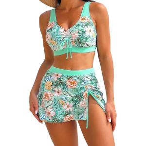 imageFloerns Womens 3 Piece Bathing Suit High Cut Bikini Sets Swimsuit with Cover Up SkirtMint Green